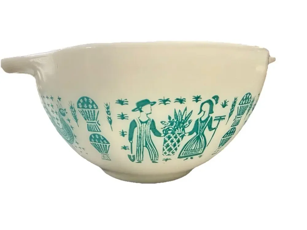 Vintage Pyrex Amish Farm Turquoise Milk Glass Mixing Bowl Pour Spout 7”